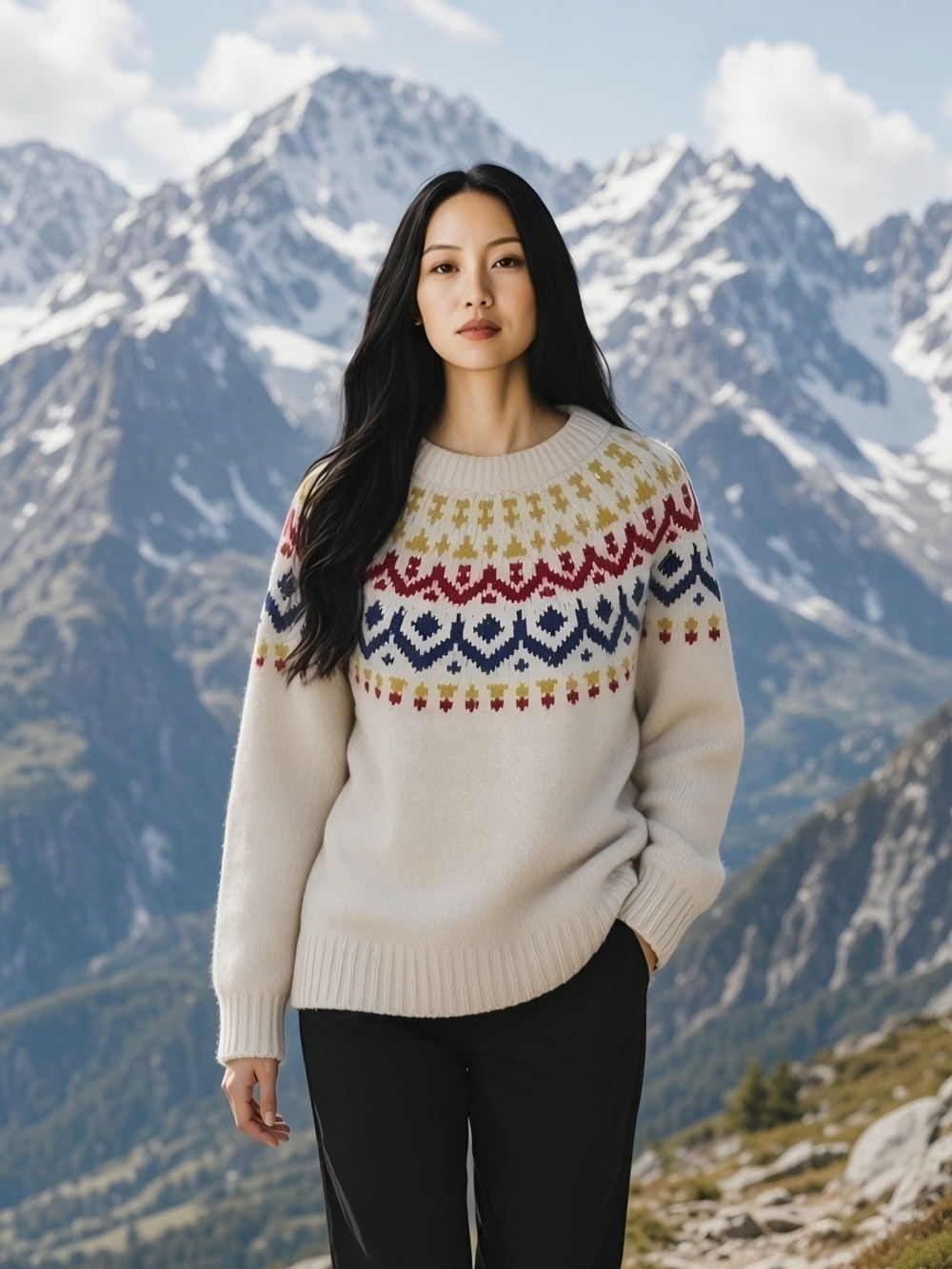 J. Crew Womens L Cream Fair Isle Crewneck Sweater Yoke Merino Wool Blend Nordic